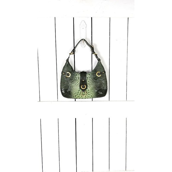 Charlie Lapson green Italian leather croc reptile embossed shoulder handbag - Picture 3 of 8